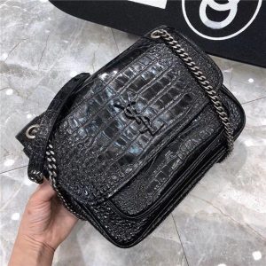 YSL Medium Niki Chain Bag Black Crocodile Patent