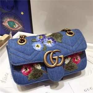 Gucci GG Marmont Mini Bag Denim Flowers