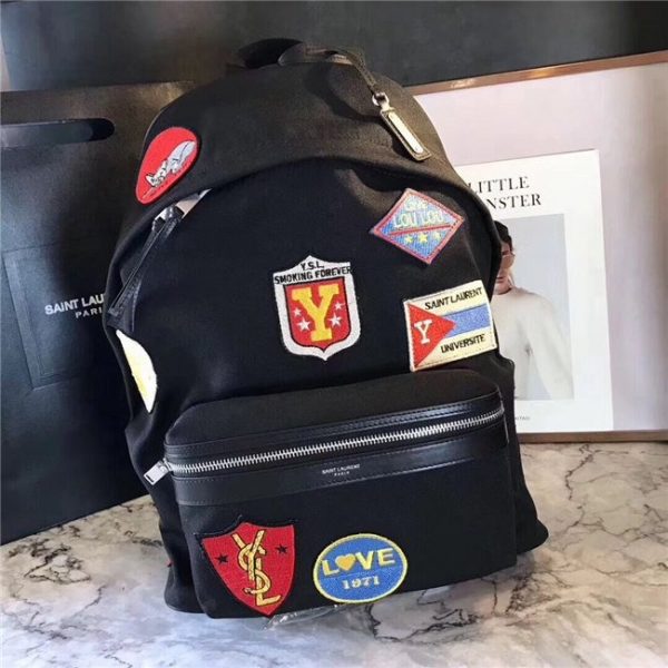 Yves Saint Laurent City Backpack With Patches Black Twill And Leather