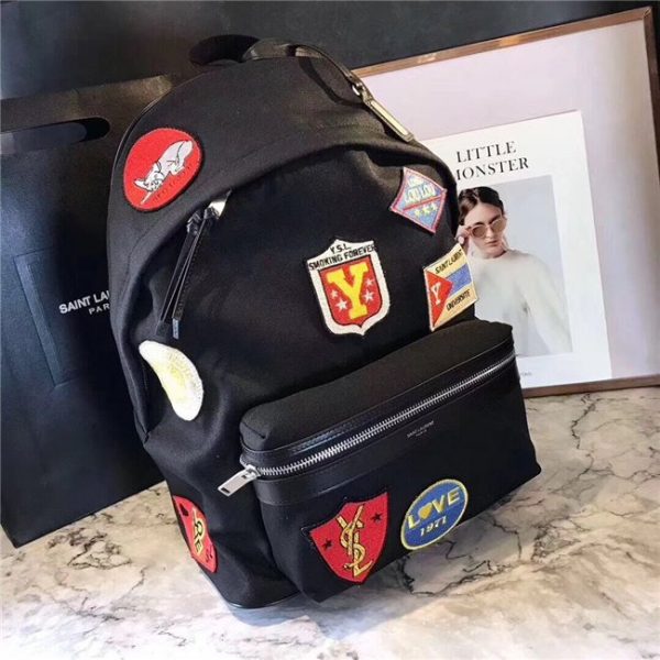 Yves Saint Laurent City Backpack With Patches Black Twill And Leather