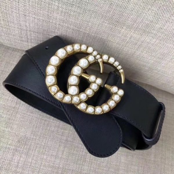 Gucci Leather Replica Belt Black w/ Pearl Double G