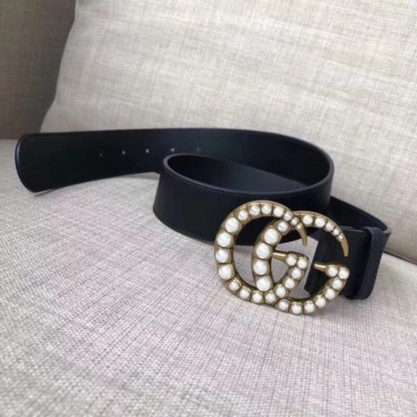 Gucci Leather Replica Belt Black w/ Pearl Double G