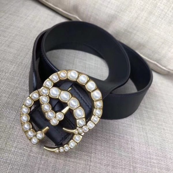 Gucci Leather Replica Belt Black w/ Pearl Double G